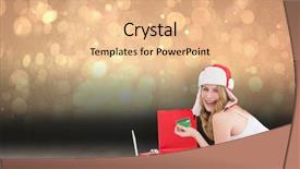  Presentation with shimmering - Slide deck enhanced with happy woman shopping online lying on the floor against shimmering light design over boards background and a coral colored foreground