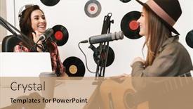  Presentation with podcast - PPT theme with happy-woman-singer-performing background and a coral colored foreground