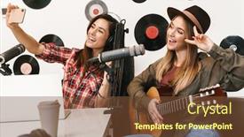  Presentation with podcast - Cool new slide deck with happy-woman-singer-performing backdrop and a tawny brown colored foreground