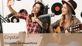  Presentation with podcast - PPT theme enhanced with happy-woman-singer-performing background and a coral colored foreground