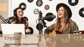  Presentation with singer - Presentation design consisting of happy-woman-singer-performing background and a coral colored foreground