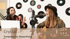  Presentation with singer - Beautiful PPT theme featuring happy-woman-singer-performing backdrop and a coral colored foreground