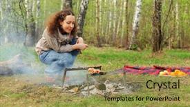  Presentation with campfire - Presentation theme having happy woman sits near campfire with grill and barbecue in forest background and a yellow colored foreground