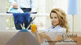  Presentation with ironing - Theme with happy woman sitting at couch watching tv man ironing in the background selective focus on woman background and a coral colored foreground