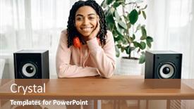  Presentation with speakers - Slide set consisting of happy-woman-sitting-between-two background and a coral colored foreground