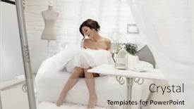  Presentation with white wedding - PPT layouts consisting of happy woman sitting on bed in white wedding dress having fun background and a soft green colored foreground