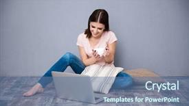  Presentation with coffe - Slide set having happy woman sitting on the floor with cup of coffe and looking at laptop background and a ocean colored foreground