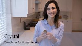  Presentation with kitchen - Audience pleasing slide set consisting of happy woman standing in kitchen backdrop and a  colored foreground