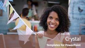  Presentation with food truck - Audience pleasing presentation design consisting of happy woman standing with bunting backdrop and a violet colored foreground