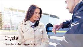  Presentation with man sitting bench - Colorful presentation theme enhanced with happy woman talking with man outdoors sitting on the bench looking at each other backdrop and a lemonade colored foreground