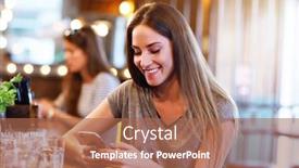  Presentation with restaurant - PPT theme with happy-woman-texting-in-restaurant background and a coral colored foreground