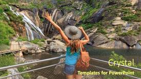  Presentation with waterfall woman - Slides enhanced with happy-woman-tourist-enjoying-beautiful background and a tawny brown colored foreground