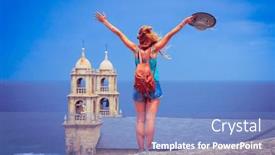  Presentation with tourist - Presentation design featuring happy-woman-tourist-in-galicia background and a light blue colored foreground
