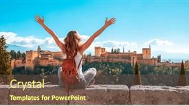  Presentation with granada - Presentation theme consisting of happy-woman-tourist-in-granada background and a tawny brown colored foreground