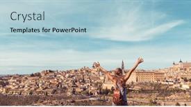  Presentation with tourist - Presentation having happy-woman-tourist-in-toledo background and a light blue colored foreground