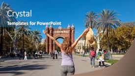  Presentation with tourist - Slides enhanced with happy-woman-tourist-visiting-barcelona background and a teal colored foreground