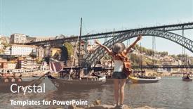  Presentation with boat river - Theme enhanced with happy-woman-tourist-visiting-porto background and a violet colored foreground