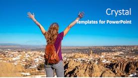  Presentation with granada - Presentation theme featuring happy-woman-tourist-with-arms background and a teal colored foreground