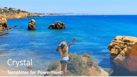  Presentation with algarve - PPT layouts featuring happy-woman-traveling-in-portugal background and a teal colored foreground