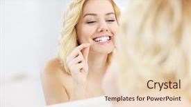  Presentation with dental floss - Slide set with happy woman using dental floss background and a lemonade colored foreground