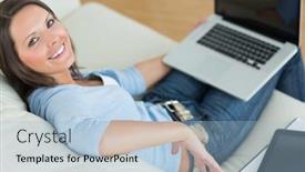  Presentation with social isolation - Colorful PPT layouts enhanced with happy woman using her laptop and sitting back on couch in the living room working from home in quarantine lockdown social distancing self isolation backdrop and a light blue colored foreground