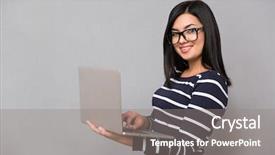  Presentation with laptop - PPT theme enhanced with happy woman using laptop computer background and a gray colored foreground