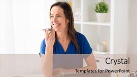  Presentation with recorder - PPT layouts enhanced with happy woman using voice command background and a mint green colored foreground