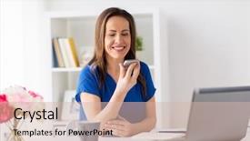  Presentation with communication - Colorful PPT theme enhanced with happy woman using voice command backdrop and a soft green colored foreground