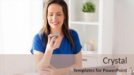  Presentation with communication - Theme with happy woman using voice command background and a  colored foreground