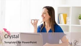  Presentation with communication - Theme enhanced with happy woman using voice command background and a soft green colored foreground