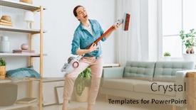  Presentation with room cleaning - Beautiful slides featuring happy-woman-vacuuming-the-room backdrop and a coral colored foreground