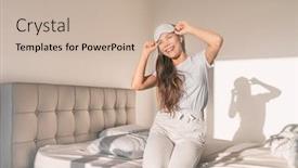  Presentation with mattress - Amazing PPT layouts having happy-woman-waking-up-early backdrop and a mint green colored foreground