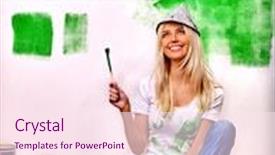  Presentation with wall paint - Audience pleasing PPT layouts consisting of happy woman wearing newspaper hat paint wall at home backdrop and a pink colored foreground