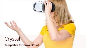  Presentation with movies - Presentation theme enhanced with happy woman wearing virtual reality goggles watching movies or playing video games isolated on white background smiling female looking in vr glasses and gesturing with hands background and a lemonade colored foreground