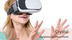  Presentation with movies - Amazing presentation design having happy woman wearing virtual reality goggles watching movies or playing video games isolated on white background smiling female looking in vr glasses and gesturing with hands backdrop and a coral colored foreground