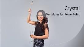  Presentation with happy new year - Presentation theme featuring happy woman welcoming the new background and a light gray colored foreground