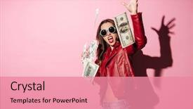  Presentation with winner - Theme having happy woman winner throwing money background and a coral colored foreground