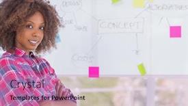  Presentation with flowchart - Cool new presentation with happy woman with arms crossed in front of whiteboard wtih creative flowchart backdrop and a coral colored foreground