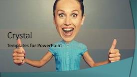  Presentation with helping others two hands woman - Audience pleasing slides consisting of happy woman with big head backdrop and a coral colored foreground