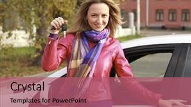  Presentation with woman car driver map - PPT theme featuring happy woman with car key background and a  colored foreground
