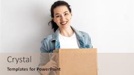  Presentation with online shopping - Slide set having happy-woman-with-cardboard-box background and a coral colored foreground