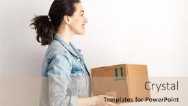  Presentation with online shopping - Amazing presentation theme having happy-woman-with-cardboard-box backdrop and a lemonade colored foreground