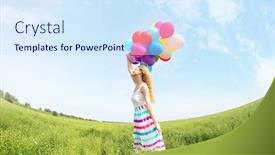  Presentation with blue balloons - Beautiful presentation theme featuring happy woman with colorful balloons in field on blue sky background backdrop and a sky blue colored foreground