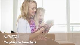  Presentation with digital technology and urbanization - Audience pleasing presentation consisting of happy woman with daughter using backdrop and a coral colored foreground