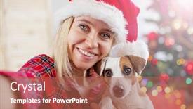  Presentation with dog christmas - Amazing presentation design having happy woman with dog take a selfie in christmas decoration female with pet at home backdrop and a red colored foreground