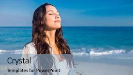  Presentation with closed - Audience pleasing presentation theme consisting of happy woman with eyes closed backdrop and a light blue colored foreground