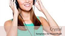  Presentation with headphones - PPT theme enhanced with happy-woman-with-headphones-isolated background and a lemonade colored foreground