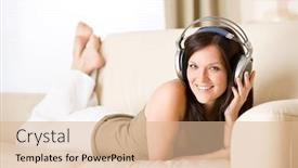  Presentation with lounge - Cool new presentation with happy woman with headphones lying down on sofa in lounge listen to music backdrop and a lemonade colored foreground