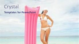  Presentation with mattress - Theme having happy woman with inflatable mattress on the beach background and a sky blue colored foreground