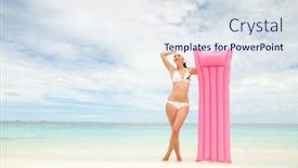  Presentation with mattress - Beautiful slide deck featuring happy woman with inflatable mattress on the beach backdrop and a sky blue colored foreground